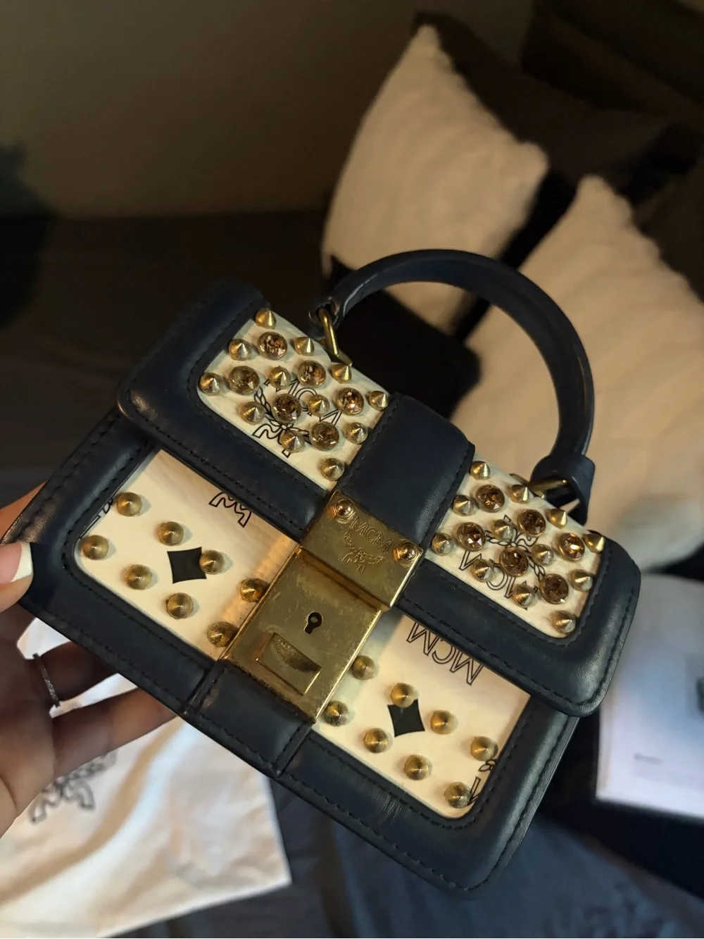 MCM Navy and Cream Studded Top-Handle Satchel with Gold Hardware